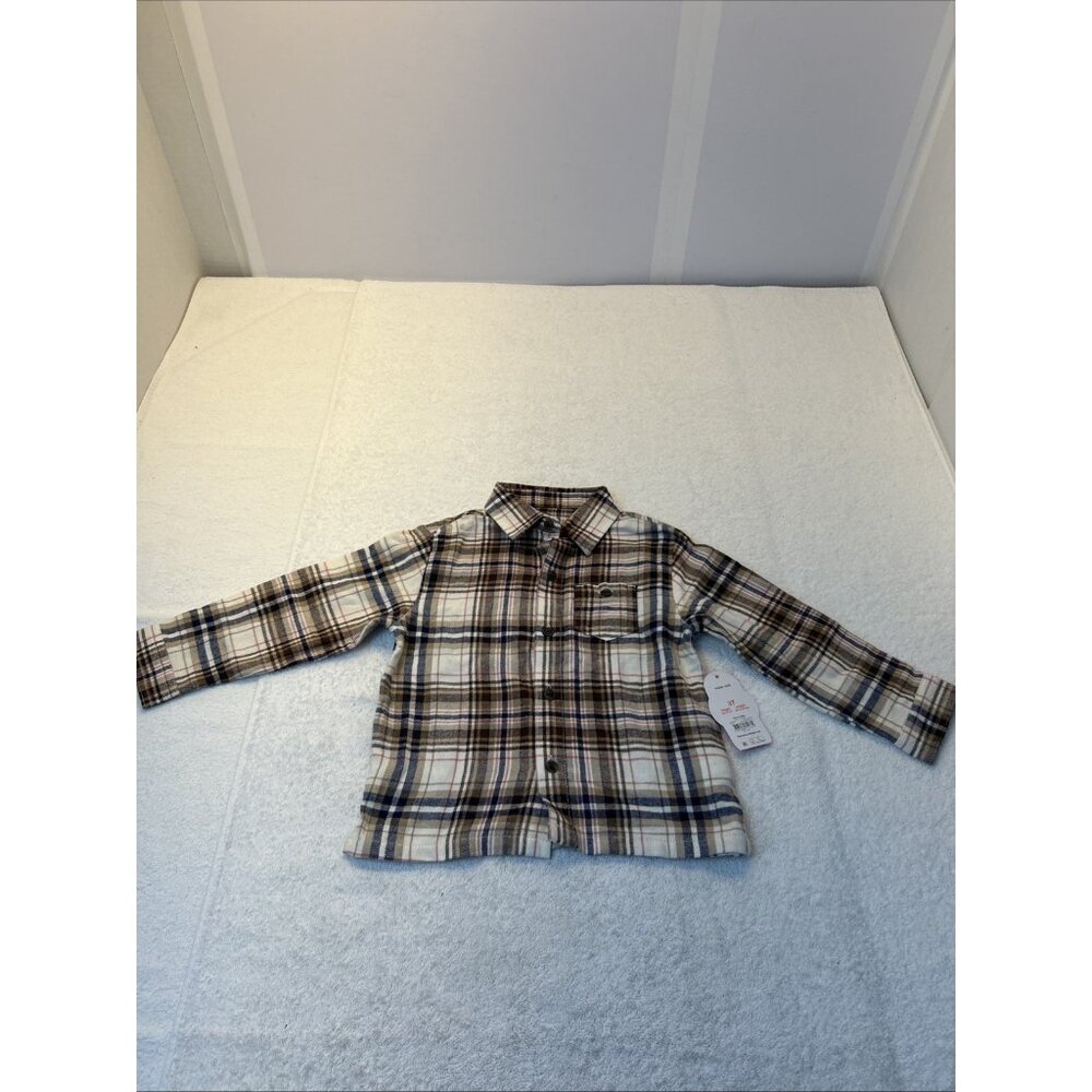 Wonder Nation Long Sleeve Flannel Button Up Plaid Brown's Cream SZ 3T New